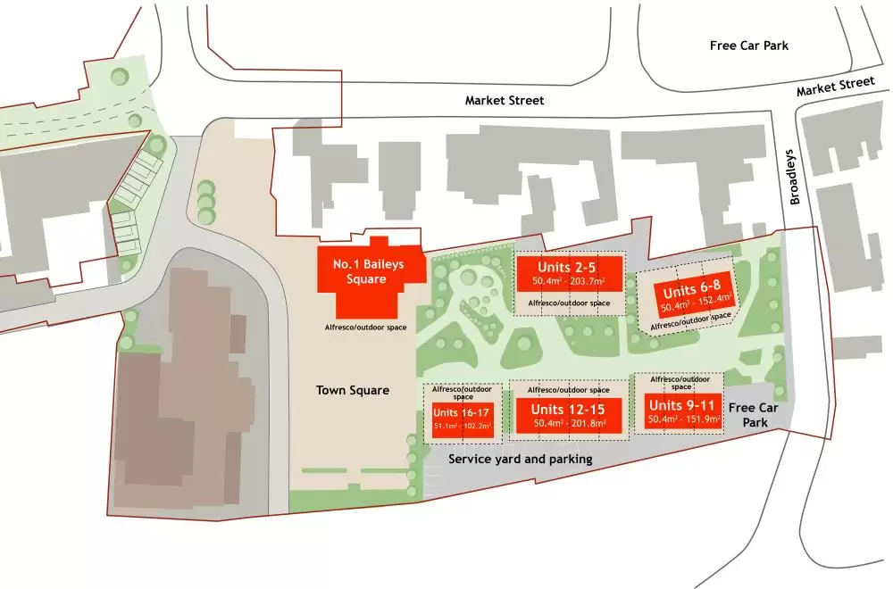 Birds-eye view graphic highlighting flexible business units 1-17 to approximate scale in proportion to the upcoming Baileys Square. Access from Market Street to the North and Broadleys Street to the East is also visible.