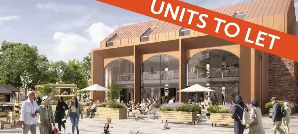 3D artist impressions of Baileys Square restored heritage building with banner saying 'Units to let'
