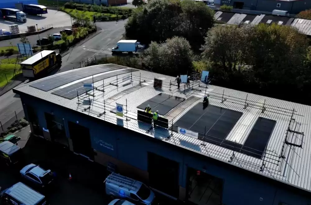 Drone shot of solar panels being installed on DK Europe, Clay Cross in 2023